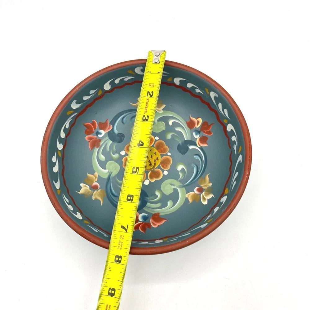 Vintage Rosemaling Hand Painted Wooden Bowl Teal Blue Scandinavian‎ Folk Art 8in